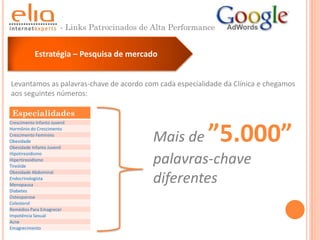 - Links Patrocinados de Alta Performance


            Estratégia – Pesquisa de mercado


Levantamos as palavras-chave de acordo com cada especialidade da Clínica e chegamos
aos seguintes números:

 Especialidades
Crescimento Infanto Juvenil
Hormônio do Crescimento
Crescimento Feminino
Obesidade
Obesidade Infanto Juvenil
                                                Mais de       ”5.000”
Hipotireoidismo
Hipertireoidismo
Tireóide
                                                palavras-chave
Obesidade Abdominal
Endocrinologista
Menopausa
                                                diferentes
Diabetes
Osteoporose
Colesterol
Remédios Para Emagrecer
Impotência Sexual
Acne
Emagrecimento
 