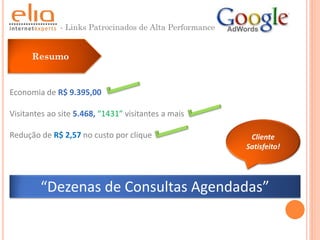 - Links Patrocinados de Alta Performance


      Resumo


Economia de R$ 9.395,00

Visitantes ao site 5.468, “1431” visitantes a mais

Redução de R$ 2,57 no custo por clique                    Cliente
                                                         Satisfeito!




        “Dezenas de Consultas Agendadas”
 