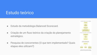 Estudo teórico
● Estudo da metodologia Balanced Scorecard.
● Criação de um fluxo teórico da criação do planejamento
estratégico.
● Pesquisa de concorrentes (O que tem implementado? Quais
etapas eles utilizam?)
 