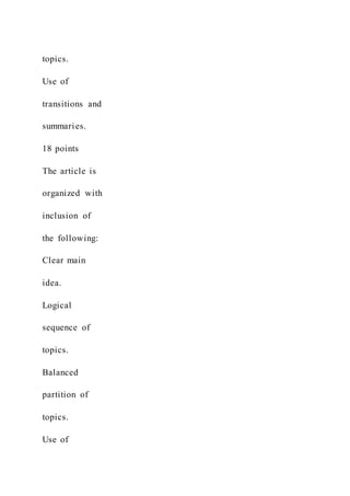 topics.
Use of
transitions and
summaries.
18 points
The article is
organized with
inclusion of
the following:
Clear main
idea.
Logical
sequence of
topics.
Balanced
partition of
topics.
Use of
 