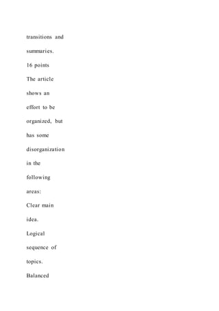 transitions and
summaries.
16 points
The article
shows an
effort to be
organized, but
has some
disorganization
in the
following
areas:
Clear main
idea.
Logical
sequence of
topics.
Balanced
 