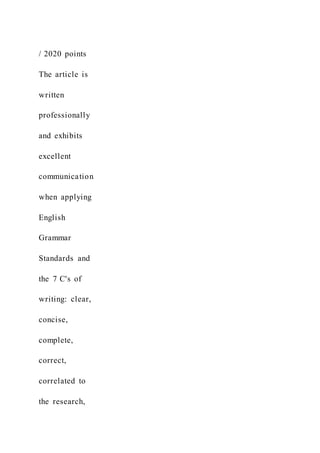 / 2020 points
The article is
written
professionally
and exhibits
excellent
communication
when applying
English
Grammar
Standards and
the 7 C's of
writing: clear,
concise,
complete,
correct,
correlated to
the research,
 