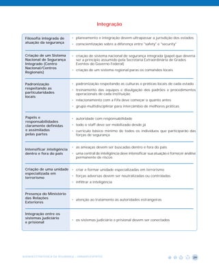 Integração

 Filosofia integrada de       • planeamento e integração devem ultrapassar a jurisdição dos estados
 atuação da segurança         • conscientização sobre a diferença entre "safety" e "security"


 Criação de um Sistema        • criação de sistema nacional de segurança integrada (papel que deveria
 Nacional de Segurança          ser a princípio assumido pela Secretaria Extraordinária de Grades
 Integrado (Centro              Eventos do Governo Federal)
 Nacional/Centros
                              • criação de um sistema regional paras os comandos locais
 Regionais)


 Padronização                 • padronização respeitando as culturas e práticas locais de cada estado
 respeitando as               • treinamento das equipes e divulgação dos padrões e procedimentos
 particularidades               operacionais de cada instituição
 locais
                              • relacionamento com a Fifa deve começar o quanto antes
                              • grupo multidisciplinar para intercâmbio de melhores práticas


 Papéis e                     • autoridade com responsabilidade
 responsabilidades
 claramente definidas         • todo o staff deve ser mobilizado desde já
 e assimiladas                • currículo básico mínimo de todos os indivíduos que participarão das
 pelas partes                   forças de segurança


                              • as ameaças devem ser buscadas dentro e fora do país
 Intensificar inteligência
 dentro e fora do país        • uma central de inteligência deve intensificar sua atuação e fornecer análise
                                permanente de riscos


 Criação de uma unidade • criar e formar unidade especializadas em terrorismo
 especializada em
                        • forças adversas devem ser neutralizadas ou controladas
 terrorismo
                        • infiltrar a inteligência


 Presença do Ministério
 das Relações                 • atenção ao tratamento às autoridades estrangeiras
 Exteriores


 Integração entre os
 sistemas judiciário
                              • os sistemas judiciário e prisional devem ser conectados
 e prisional




AGENDA ESTRATÉGICA DA SEGURANÇA - GRANDES EVENTOS                                                         29
 