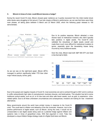 C. Bitcoin in times of crisis: could Bitcoin become a hedge?
During the recent Covid-19 crisis, Bitcoin showed great resilience as it quickly recovered from the initial market shock
while stocks were struggling to find ground. If we look closely at Bitcoin’s performance, we can see that there were three
main phases, all taking place between 9 March and 23 March 2020, which the following graph rebased to 100
demonstrates.
Due to its positive response, Bitcoin attracted a more
diverse base of institutional investors who didn’t typically
take positions in digital assets. The Covid-19 crisis
validated the robustness of digital assets overall and
made them much more difficult for institutional investors to
ignore, especially given the devastating losses being
incurred by many traditional assets.
Over the crisis, Bitcoin beat both S&P 500 ETF and Gold
in the first half of 2020.
Data source as of 30/06/2020: CryptoCompare, Alpha-vantage
As we can see on the right-hand graph, Bitcoin (BTC)
managed to perform significantly better YTD than other
major indices (equity, bonds, gold).
Source: CryptoCompare data for Bitcoin, AlphaVantage for other data
Due to the spread and negative impacts of Covid-19, most economies are set to contract through to 2021 and to continue
to suffer extraordinarily high rates of unemployment, business closures, and bankruptcies. This situation has led to some
traditional cyclical assets, such as oil, to hit new lows and other safe haven assets, such as gold, to experience crisis-
related spikes. Due to all these unforeseen circumstances and consequences, investors are looking for new investment
alternatives.
Many governments around the world have printed money in response to the Covid-19
crisis. This could lead to inflation and debasing of the fiat currencies. However, due to the
positive performance of digital assets, such as Bitcoin, during the crisis, it would not be
unreasonable to see digital assets being used as a potential hedge against inflation and
systemic risks in times of geopolitical crises. With that argument in mind, Trakx has
developed a unique Inflation Hedge strategy made of a Digital Gold token and Bitcoin.
9
 