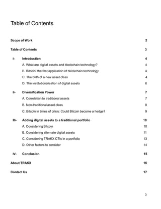 3
Table of Contents
Scope of Work 2
Table of Contents 3
I- Introduction
A. What are digital assets and blockchain technology?
B. Bitcoin: the first application of blockchain technology
C. The birth of a new asset class
D. The institutionalisation of digital assets
4
4
4
4
6
II- Diversification Power
A. Correlation to traditional assets
B. Non-traditional asset class
C. Bitcoin in times of crisis: Could Bitcoin become a hedge?
7
7
8
9
III- Adding digital assets to a traditional portfolio
A. Considering Bitcoin
B. Considering alternate digital assets
C. Considering TRAKX CTIs in a portfolio
D. Other factors to consider
10
10
11
13
14
IV- Conclusion 15
About TRAKX 16
Contact Us 17
 