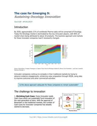 Yuvi Gill | https://www.linkedin.com/in/yuvrajgill/
The case for Emerging 9:
Sustaining Oncology Innovation
Yuvi Gill - 09.04.2019
Introduction
By 2020, approximately 21% of worldwide Pharma sales will be comprised of Oncology.
Today the Oncology market is dominated by few key Innovator players, with 80% of
market share being attributed to about 30 products. The business approach and markets
for these Innovator companies hasn’t necessarily changed.
Source: Biosimilars: Company Strategies to Capture Value from the Biologics Market by Bruno Calo-Fernández 1, and Juan Leonardo
Martínez-Hurtado 2,
Innovator companies continue to compete in their traditional markets by trying to
advance evidence engagements, enhancing value proposition through HEOR, using data
to improve outcomes and other commercial activities.
The challenge to innovation
1. Shrinking Cash Cows: Every Innovator needs
Cash Cows which can sustainably fund innovation of
the next generation of stars. With the approval of
Biosimilars in the traditional markets, the number of
Cash Cows for Innovator companies has steadily
started to decrease.
Is the above approach adequate for these companies to remain sustainable?
 