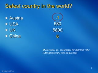 Safest country in the world? ,[object Object],[object Object],[object Object],[object Object],.1 580 5800 6 Microwatts/ sq. centimeter for 800-900 mhz (Standards vary with frequency) 