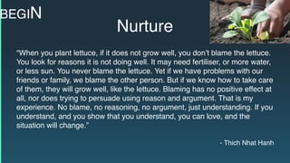 Nurture
“When you plant lettuce, if it does not grow well, you don’t blame the lettuce.
You look for reasons it is not doing well. It may need fertiliser, or more water,
or less sun. You never blame the lettuce. Yet if we have problems with our
friends or family, we blame the other person. But if we know how to take care
of them, they will grow well, like the lettuce. Blaming has no positive effect at
all, nor does trying to persuade using reason and argument. That is my
experience. No blame, no reasoning, no argument, just understanding. If you
understand, and you show that you understand, you can love, and the
situation will change.”
- Thich Nhat Hanh
BEGIN
 