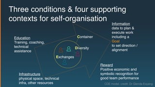 Education
Training, coaching,
technical
assistance
Infrastructure
physical space, technical
infra, other resources
Container
Diversity
Information
data to plan &
execute work
including a
Goal
to set direction /
alignment
Reward
Positive economic and
symbolic recognition for
good team performance
Exchanges
Three conditions & four supporting
contexts for self-organisation
CDE model, credit: Dr Glenda Eoyang
 