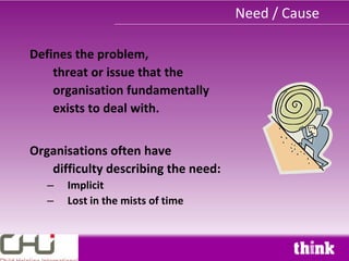 Need / Cause

Defines the problem,
    threat or issue that the
    organisation fundamentally
    exists to deal with.


Organisations often have
   difficulty describing the need:
   –   Implicit
   –   Lost in the mists of time
 