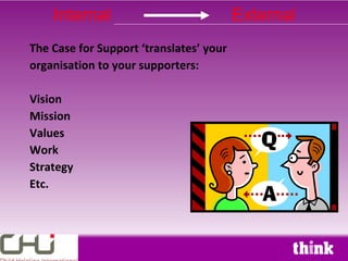 Internal                             External
The Case for Support ‘translates’ your
organisation to your supporters:

Vision
Mission
Values
Work
Strategy
Etc.
 