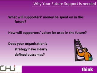 Why Your Future Support is needed


What will supporters’ money be spent on in the
   future?

How will supporters’ voices be used in the future?

Does your organisation’s
   strategy have clearly
   defined outcomes?
 