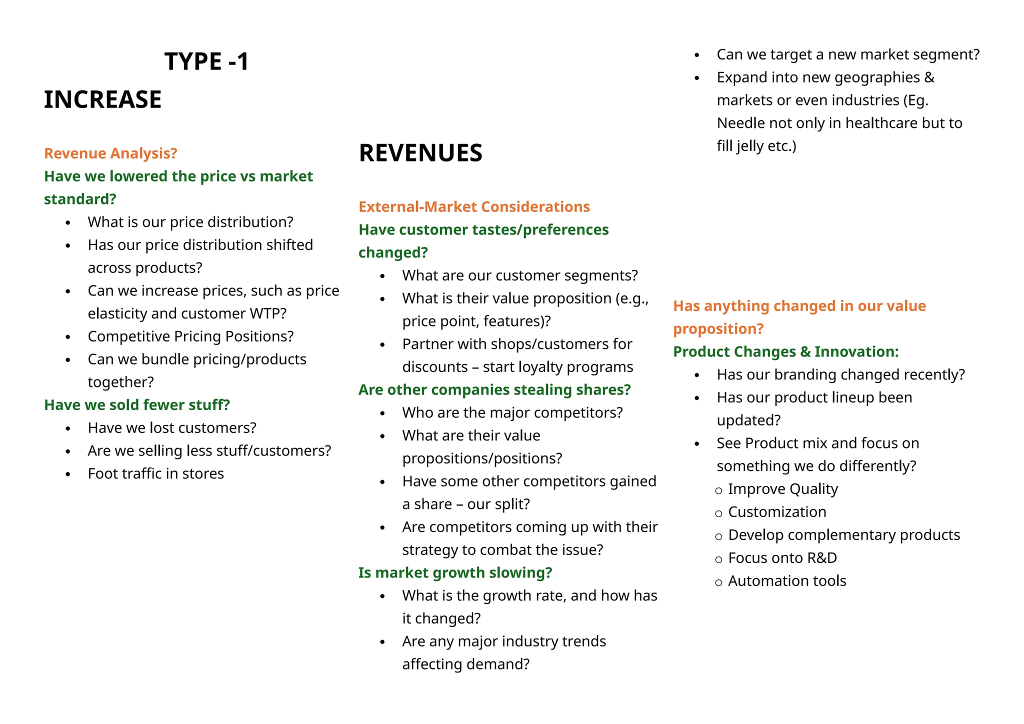 TYPE -1
INCREASE
Revenue Analysis?
Have we lowered the price vs market
standard?
 What is our price distribution?
 Has our price distribution shifted
across products?
 Can we increase prices, such as price
elasticity and customer WTP?
 Competitive Pricing Positions?
 Can we bundle pricing/products
together?
Have we sold fewer stuff?
 Have we lost customers?
 Are we selling less stuff/customers?
 Foot traffic in stores
REVENUES
External-Market Considerations
Have customer tastes/preferences
changed?
 What are our customer segments?
 What is their value proposition (e.g.,
price point, features)?
 Partner with shops/customers for
discounts – start loyalty programs
Are other companies stealing shares?
 Who are the major competitors?
 What are their value
propositions/positions?
 Have some other competitors gained
a share – our split?
 Are competitors coming up with their
strategy to combat the issue?
Is market growth slowing?
 What is the growth rate, and how has
it changed?
 Are any major industry trends
affecting demand?
 Can we target a new market segment?
 Expand into new geographies &
markets or even industries (Eg.
Needle not only in healthcare but to
fill jelly etc.)
Has anything changed in our value
proposition?
Product Changes & Innovation:
 Has our branding changed recently?
 Has our product lineup been
updated?
 See Product mix and focus on
something we do differently?
o Improve Quality
o Customization
o Develop complementary products
o Focus onto R&D
o Automation tools
 