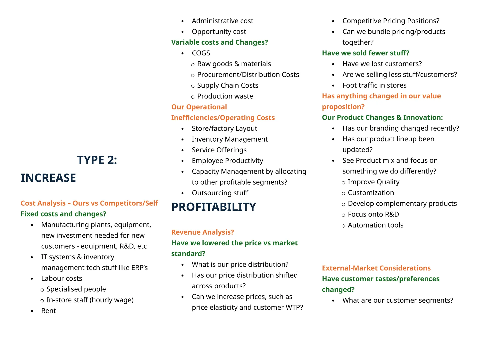 TYPE 2:
INCREASE
Cost Analysis – Ours vs Competitors/Self
Fixed costs and changes?
 Manufacturing plants, equipment,
new investment needed for new
customers - equipment, R&D, etc
 IT systems & inventory
management tech stuff like ERP’s
 Labour costs
o Specialised people
o In-store staff (hourly wage)
 Rent
 Administrative cost
 Opportunity cost
Variable costs and Changes?
 COGS
o Raw goods & materials
o Procurement/Distribution Costs
o Supply Chain Costs
o Production waste
Our Operational
Inefficiencies/Operating Costs
 Store/factory Layout
 Inventory Management
 Service Offerings
 Employee Productivity
 Capacity Management by allocating
to other profitable segments?
 Outsourcing stuff
PROFITABILITY
Revenue Analysis?
Have we lowered the price vs market
standard?
 What is our price distribution?
 Has our price distribution shifted
across products?
 Can we increase prices, such as
price elasticity and customer WTP?
 Competitive Pricing Positions?
 Can we bundle pricing/products
together?
Have we sold fewer stuff?
 Have we lost customers?
 Are we selling less stuff/customers?
 Foot traffic in stores
Has anything changed in our value
proposition?
Our Product Changes & Innovation:
 Has our branding changed recently?
 Has our product lineup been
updated?
 See Product mix and focus on
something we do differently?
o Improve Quality
o Customization
o Develop complementary products
o Focus onto R&D
o Automation tools
External-Market Considerations
Have customer tastes/preferences
changed?
 What are our customer segments?
 
