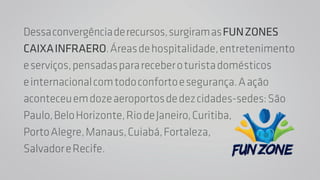 AsFUNZONESCAIXAINFRAERO,foramconcebidaspara
seremáreasdehospitalidade,entretenimentoeserviços,
pensadasparareceberoturistadomésticoseinternacional
comtodoconfortoesegurançaduranteaCopadoMundo
FIFA2014™.Aaçãoaconteceuemdozeaeroportosdedez
cidades-sedes:SãoPaulo,BeloHorizonte,Rio
deJaneiro,Curitiba,PortoAlegre,Manaus,
Cuiabá,Fortaleza,SalvadoreRecife.
 