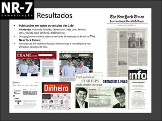 Resultados
•   Publicações em todos os veículos tier 1 de
    interesse, incluindo Estadão, Exame.com, Veja.com, Revista
    INFO, Revista IstoÉ Dinheiro, Webholic etc;
•   Divulgação em matéria sobre o mercado de startups no Brasil no The
    New York Times;
•   Participação em matérias focadas em startups e marketplace nos
    principais veículos do País.
 