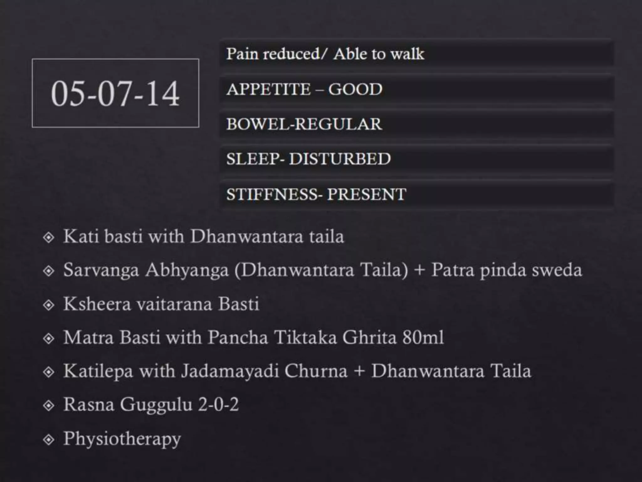 Pain reduced/ Able to walk
APPETITE – GOOD
BOWEL-REGULAR
SLEEP- DISTURBED
STIFFNESS- PRESENT