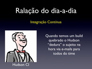 Ralação do dia-a-dia
Integração Contínua
Quando temos um build
quebrado o Hudson
“dedura” o sujeito na
hora via e-mails para
todos do time
Hudson CI
 