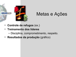 Controle de refugos  (ex.) Treinamento dos líderes Disciplina, comprometimento, respeito. Resultados da produção  (gráfico) Metas e Ações 