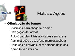 Otimização do tempo Disciplina para chegada e saída Delegação de tarefas Auto-Controle - Mais atividades sem stress Administração do telefone (com exceções) Reuniões objetivas e com horários definidos Aprender a dizer não Metas e Ações 