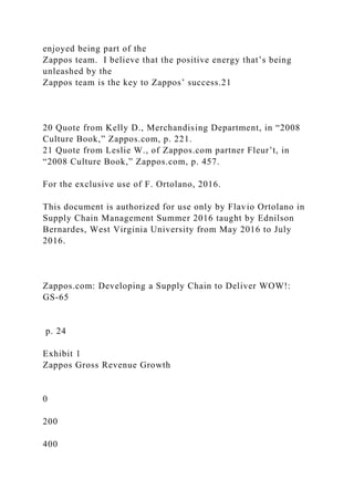 enjoyed being part of the
Zappos team. I believe that the positive energy that’s being
unleashed by the
Zappos team is the key to Zappos’ success.21
20 Quote from Kelly D., Merchandising Department, in “2008
Culture Book,” Zappos.com, p. 221.
21 Quote from Leslie W., of Zappos.com partner Fleur’t, in
“2008 Culture Book,” Zappos.com, p. 457.
For the exclusive use of F. Ortolano, 2016.
This document is authorized for use only by Flavio Ortolano in
Supply Chain Management Summer 2016 taught by Ednilson
Bernardes, West Virginia University from May 2016 to July
2016.
Zappos.com: Developing a Supply Chain to Deliver WOW!:
GS-65
p. 24
Exhibit 1
Zappos Gross Revenue Growth
0
200
400
 