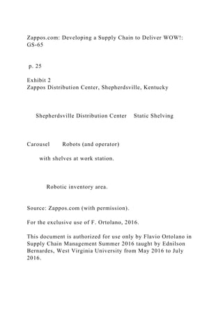 Zappos.com: Developing a Supply Chain to Deliver WOW!:
GS-65
p. 25
Exhibit 2
Zappos Distribution Center, Shepherdsville, Kentucky
Shepherdsville Distribution Center Static Shelving
Carousel Robots (and operator)
with shelves at work station.
Robotic inventory area.
Source: Zappos.com (with permission).
For the exclusive use of F. Ortolano, 2016.
This document is authorized for use only by Flavio Ortolano in
Supply Chain Management Summer 2016 taught by Ednilson
Bernardes, West Virginia University from May 2016 to July
2016.
 