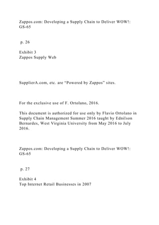 Zappos.com: Developing a Supply Chain to Deliver WOW!:
GS-65
p. 26
Exhibit 3
Zappos Supply Web
SupplierA.com, etc. are “Powered by Zappos” sites.
For the exclusive use of F. Ortolano, 2016.
This document is authorized for use only by Flavio Ortolano in
Supply Chain Management Summer 2016 taught by Ednilson
Bernardes, West Virginia University from May 2016 to July
2016.
Zappos.com: Developing a Supply Chain to Deliver WOW!:
GS-65
p. 27
Exhibit 4
Top Internet Retail Businesses in 2007
 