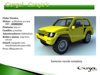 Ficha Técnica
Motor: 4 cilindros 3.0 4x4
   SRV , HIBRIDO
Potência: 220 cv
Cambio: 5 machas
Amortecedores: hidráulicos
Rodas e pneus: Liga leve,
   aro 20
Painel: equipado com
   monitoramento para rally
Preço: R$49.900,00




                              Somente versão completa
 