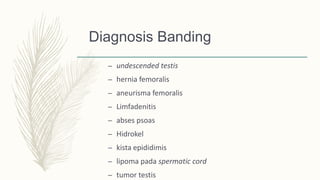 Diagnosis Banding
– undescended testis
– hernia femoralis
– aneurisma femoralis
– Limfadenitis
– abses psoas
– Hidrokel
– kista epididimis
– lipoma pada spermatic cord
– tumor testis
 