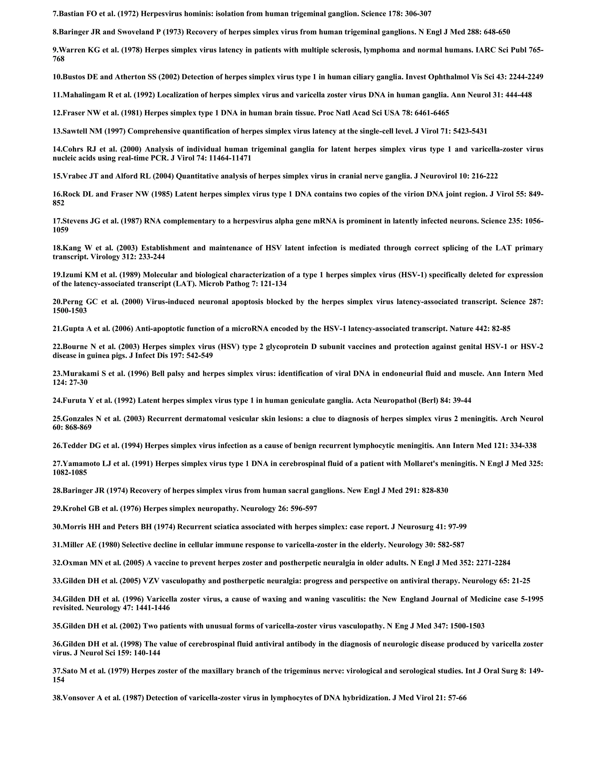 7.Bastian FO et al. (1972) Herpesvirus hominis: isolation from human trigeminal ganglion. Science 178: 306-307

8.Baringer JR and Swoveland P (1973) Recovery of herpes simplex virus from human trigeminal ganglions. N Engl J Med 288: 648-650

9.Warren KG et al. (1978) Herpes simplex virus latency in patients with multiple sclerosis, lymphoma and normal humans. IARC Sci Publ 765-
768

10.Bustos DE and Atherton SS (2002) Detection of herpes simplex virus type 1 in human ciliary ganglia. Invest Ophthalmol Vis Sci 43: 2244-2249

11.Mahalingam R et al. (1992) Localization of herpes simplex virus and varicella zoster virus DNA in human ganglia. Ann Neurol 31: 444-448

12.Fraser NW et al. (1981) Herpes simplex type 1 DNA in human brain tissue. Proc Natl Acad Sci USA 78: 6461-6465

13.Sawtell NM (1997) Comprehensive quantification of herpes simplex virus latency at the single-cell level. J Virol 71: 5423-5431

14.Cohrs RJ et al. (2000) Analysis of individual human trigeminal ganglia for latent herpes simplex virus type 1 and varicella-zoster virus
nucleic acids using real-time PCR. J Virol 74: 11464-11471

15.Vrabec JT and Alford RL (2004) Quantitative analysis of herpes simplex virus in cranial nerve ganglia. J Neurovirol 10: 216-222

16.Rock DL and Fraser NW (1985) Latent herpes simplex virus type 1 DNA contains two copies of the virion DNA joint region. J Virol 55: 849-
852

17.Stevens JG et al. (1987) RNA complementary to a herpesvirus alpha gene mRNA is prominent in latently infected neurons. Science 235: 1056-
1059

18.Kang W et al. (2003) Establishment and maintenance of HSV latent infection is mediated through correct splicing of the LAT primary
transcript. Virology 312: 233-244

19.Izumi KM et al. (1989) Molecular and biological characterization of a type 1 herpes simplex virus (HSV-1) specifically deleted for expression
of the latency-associated transcript (LAT). Microb Pathog 7: 121-134

20.Perng GC et al. (2000) Virus-induced neuronal apoptosis blocked by the herpes simplex virus latency-associated transcript. Science 287:
1500-1503

21.Gupta A et al. (2006) Anti-apoptotic function of a microRNA encoded by the HSV-1 latency-associated transcript. Nature 442: 82-85

22.Bourne N et al. (2003) Herpes simplex virus (HSV) type 2 glycoprotein D subunit vaccines and protection against genital HSV-1 or HSV-2
disease in guinea pigs. J Infect Dis 197: 542-549

23.Murakami S et al. (1996) Bell palsy and herpes simplex virus: identification of viral DNA in endoneurial fluid and muscle. Ann Intern Med
124: 27-30

24.Furuta Y et al. (1992) Latent herpes simplex virus type 1 in human geniculate ganglia. Acta Neuropathol (Berl) 84: 39-44

25.Gonzales N et al. (2003) Recurrent dermatomal vesicular skin lesions: a clue to diagnosis of herpes simplex virus 2 meningitis. Arch Neurol
60: 868-869

26.Tedder DG et al. (1994) Herpes simplex virus infection as a cause of benign recurrent lymphocytic meningitis. Ann Intern Med 121: 334-338

27.Yamamoto LJ et al. (1991) Herpes simplex virus type 1 DNA in cerebrospinal fluid of a patient with Mollaret's meningitis. N Engl J Med 325:
1082-1085

28.Baringer JR (1974) Recovery of herpes simplex virus from human sacral ganglions. New Engl J Med 291: 828-830

29.Krohel GB et al. (1976) Herpes simplex neuropathy. Neurology 26: 596-597

30.Morris HH and Peters BH (1974) Recurrent sciatica associated with herpes simplex: case report. J Neurosurg 41: 97-99

31.Miller AE (1980) Selective decline in cellular immune response to varicella-zoster in the elderly. Neurology 30: 582-587

32.Oxman MN et al. (2005) A vaccine to prevent herpes zoster and postherpetic neuralgia in older adults. N Engl J Med 352: 2271-2284

33.Gilden DH et al. (2005) VZV vasculopathy and postherpetic neuralgia: progress and perspective on antiviral therapy. Neurology 65: 21-25

34.Gilden DH et al. (1996) Varicella zoster virus, a cause of waxing and waning vasculitis: the New England Journal of Medicine case 5-1995
revisited. Neurology 47: 1441-1446

35.Gilden DH et al. (2002) Two patients with unusual forms of varicella-zoster virus vasculopathy. N Eng J Med 347: 1500-1503

36.Gilden DH et al. (1998) The value of cerebrospinal fluid antiviral antibody in the diagnosis of neurologic disease produced by varicella zoster
virus. J Neurol Sci 159: 140-144

37.Sato M et al. (1979) Herpes zoster of the maxillary branch of the trigeminus nerve: virological and serological studies. Int J Oral Surg 8: 149-
154

38.Vonsover A et al. (1987) Detection of varicella-zoster virus in lymphocytes of DNA hybridization. J Med Virol 21: 57-66
 