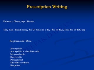 Prescription Writing
Patients ;- Name, Age , Gender
Tab/ Cap , Brand name, No Of times in a day , No of days, Total No of Tab/cap
Regimen and Dose
Amoxycillin
Amoxycillin + clavulinic acid
Metronidazole
Doxycycllin
Paracetamol
Diclofinac sodium
Ibuprofen
 