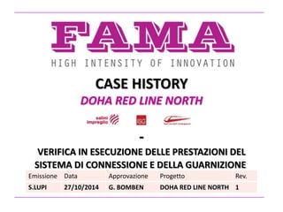 CASE HISTORY
DOHA RED LINE NORTH
-
VERIFICA IN ESECUZIONE DELLE PRESTAZIONI DEL
SISTEMA DI CONNESSIONE E DELLA GUARNIZIONE
Emissione Data Approvazione Progetto Rev.
S.LUPI 27/10/2014 G. BOMBEN DOHA RED LINE NORTH 1
 