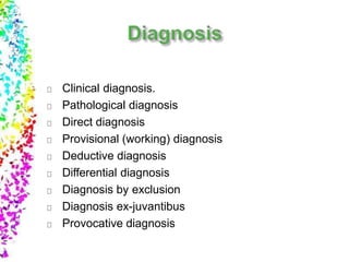 Clinical diagnosis.
Pathological diagnosis
Direct diagnosis
Provisional (working) diagnosis
Deductive diagnosis
Differential diagnosis
Diagnosis by exclusion
Diagnosis ex-juvantibus
Provocative diagnosis
 