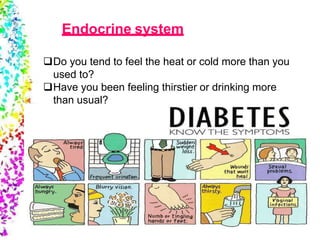 Do you tend to feel the heat or cold more than you
used to?
Have you been feeling thirstier or drinking more
than usual?
Endocrine system
 