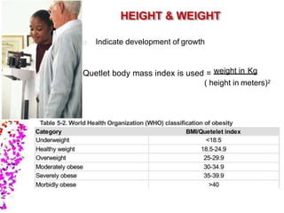 Indicate development of growth
Quetlet body mass index is used = weight in Kg
( height in meters)2
 