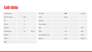 Lab data
Urine Routine
Specific Gravity 1.015
PH 5
Protein 1+
Glucose +/-
Urobilinogen 0.1 EU./dL
Bilirubin -
Nitrite -
WBC -
P/C Ratio 300 mg/g Cr
Color Yellow
Ketones -
Occult Blood -
RBC 5 /HPF
WBC 5.5 /HPF
Squa.Epithelial cell 4.4 /HPF
Bacteria 0.08 10 5/mL
 