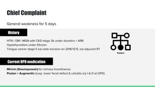 Chief Complaint
General weakness for 5 days
HTN / DM / MGN with CKD stage 3b under diuretics + ARB
Hypothyroidism under Eltroxin
Tongue cancer stage II s/p wide excision on 2016/12/5, s/p adjuvant RT
Minirin (Desmopressin) for Urinary incontinence
Postan + Augmentin (susp. lower facial defect & cellulitis s/p I & D at OPD)
History
Current OPD medication
Patient
 
