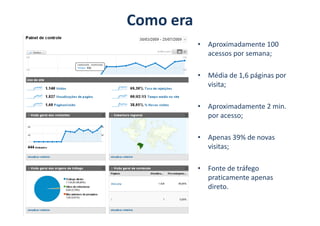 Como era
           • Aproximadamente 100
             acessos por semana;

           • Média de 1,6 páginas por
             visita;

           • Aproximadamente 2 min.
             por acesso;

           • Apenas 39% de novas
             visitas;

           • Fonte de tráfego
             praticamente apenas
             direto.
 