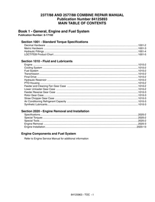 84125963 - TOC - I
2377/88 AND 2577/88 COMBINE REPAIR MANUAL
Publication Number 84125893
MAIN TABLE OF CONTENTS
Book 1 - General, Engine and Fuel System
Publication Number: 6-17160
Section 1001 - Standard Torque Specifications
Decimal Hardware ..................................................................................................................................1001-2
Metric Hardware ......................................................................................................................................1001-3
Hydraulic Fittings .....................................................................................................................................1001-4
LOCTITE® Product Chart........................................................................................................................1001-5
Section 1010 - Fluid and Lubricants
Engine .....................................................................................................................................................1010-2
Cooling System .......................................................................................................................................1010-2
Fuel System ............................................................................................................................................1010-2
Transmission ............................................................................................................................................1010-2
Final Drive ...............................................................................................................................................1010-2
Hydraulic Reservoir .................................................................................................................................1010-2
PTO Housing ...........................................................................................................................................1010-2
Feeder and Cleaning Fan Gear Case .....................................................................................................1010-2
Lower Unloader Gear Case ....................................................................................................................1010-2
Feeder Reverse Gear Case ....................................................................................................................1010-3
Rotor Gear Case......................................................................................................................................1010-3
Straw Chopper Gear Case ......................................................................................................................1010-3
Air Conditioning Refrigerant Capacity .....................................................................................................1010-3
Synthetic Lubricants.................................................................................................................................1010-3
Section 2020 - Engine Removal and Installation
Specifications...........................................................................................................................................2020-2
Special Torques .......................................................................................................................................2020-2
Special Tools............................................................................................................................................2020-2
Engine Removal ......................................................................................................................................2020-3
Engine Installation..................................................................................................................................2020-13
Engine Components and Fuel System
Refer to Engine Service Manual for additional information
 