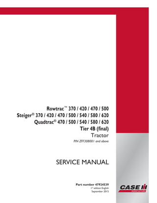 Printed in U.S.A.
© 2015 CNH Industrial America LLC. All Rights Reserved.
Case IH is a trademark registered in the United States and many
other countries, owned by or licensed to CNH Industrial N.V.,
its subsidiaries or affiliates.
Part number 47924539
1st
edition English
September 2015
SERVICE MANUAL
Rowtrac™
370 / 420 / 470 / 500
Steiger®
370 / 420 / 470 / 500 / 540 / 580 / 620
Quadtrac®
470 / 500 / 540 / 580 / 620
Tier 4B (final)
Tractor
PIN ZFF308001 and above
 