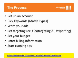 The Process

•   Set up an account
•   Pick keywords (Match Types)
•   Write your ads
•   Set targeting (ex. Geotargeting & Dayparting)
•   Set your budget
•   Enter billing information
•   Start running ads

    https://www.google.com/intl/en_us/adwords/select/steps.html
 