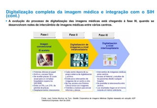 Fonte: Juan Carlos Munhoz de Toro. Gestão Corporativa de imagens Médicas Digitais baseada em solução ASP.
Telefónica Empresas. Abril de 2005.
 A evolução do processo de digitalização das imagens médicas está chegando à fase III, quando se
desenvolvem redes de intercâmbio de imagens médicas entre vários centros.
Digitalização completa da imagem médica e integração com o SIH
(cont.)
 