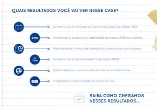 QUAIS RESULTADOS VOCÊ VAI VER NESSE CASE?


                  Aumentamos o interesse do consumidor pela faculdade IMED.


                  Ampliamos o alcance e a visibilidade da marca IMED na internet.


                  Maximizamos o tempo de atenção do consumidor com a marca.


                  Aumentamos o reconhecimento da marca IMED.


                  Padronizamos a comunicação da marca no meio online.


       On   Off   Integramos a comunicação off-line e on-line.




                                           SAIBA COMO CHEGAMOS
                                           NESSES RESULTADOS...
 