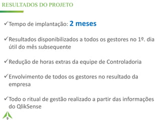 9
RESULTADOS DO PROJETO
49%25,5%
üTempo	de	implantação:	2	meses
üResultados	disponibilizados	a	todos	os	gestores	no	1º.	dia	
útil	do	mês	subsequente
üRedução	de	horas	extras	da	equipe	de	Controladoria
üEnvolvimento	de	todos	os	gestores	no	resultado	da	
empresa
üTodo	o	ritual	de	gestão	realizado	a	partir	das	informações	
do	QlikSense
 