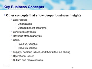 25
Key Business Concepts
 Other concepts that show deeper business insights

Labor issues
− Unionization
− Defined benefit programs

Long-term contracts

Revenue stream analysis

Costs
− Fixed vs. variable
− Direct vs. indirect

Supply / demand issues, and their affect on pricing

Operational issues

Culture and morale issues
 