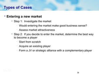 31
Types of Cases
 Entering a new market

Step 1: Investigate the market
− Would entering the market make good business sense?
− Assess market attractiveness

Step 2: If you decide to enter the market, determine the best way
to become a player
− Start from scratch
− Acquire an existing player
− Form a JV or strategic alliance with a complementary player
 
