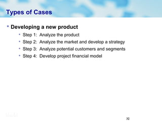32
Types of Cases
 Developing a new product

Step 1: Analyze the product

Step 2: Analyze the market and develop a strategy

Step 3: Analyze potential customers and segments

Step 4: Develop project financial model
 