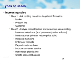 37
Types of Cases
 Increasing sales

Step 1: Ask probing questions to gather information
− Market
− Product line
− Customer

Step 2: Analyze market factors and determine sales strategy
− Increase sales force (and presumably sales volume)
− Increase price point (or reduce price point)
− Increase marketing
− Enter new markets
− Expand customer base
− Improve customer service
− Rationalize product line
− Create seasonal balance
 