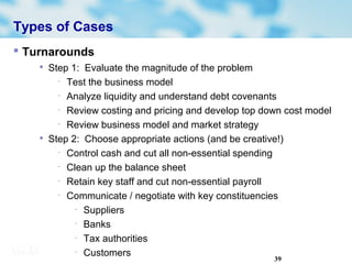 39
Types of Cases
 Turnarounds

Step 1: Evaluate the magnitude of the problem
− Test the business model
− Analyze liquidity and understand debt covenants
− Review costing and pricing and develop top down cost model
− Review business model and market strategy

Step 2: Choose appropriate actions (and be creative!)
− Control cash and cut all non-essential spending
− Clean up the balance sheet
− Retain key staff and cut non-essential payroll
− Communicate / negotiate with key constituencies
− Suppliers
− Banks
− Tax authorities
− Customers
 