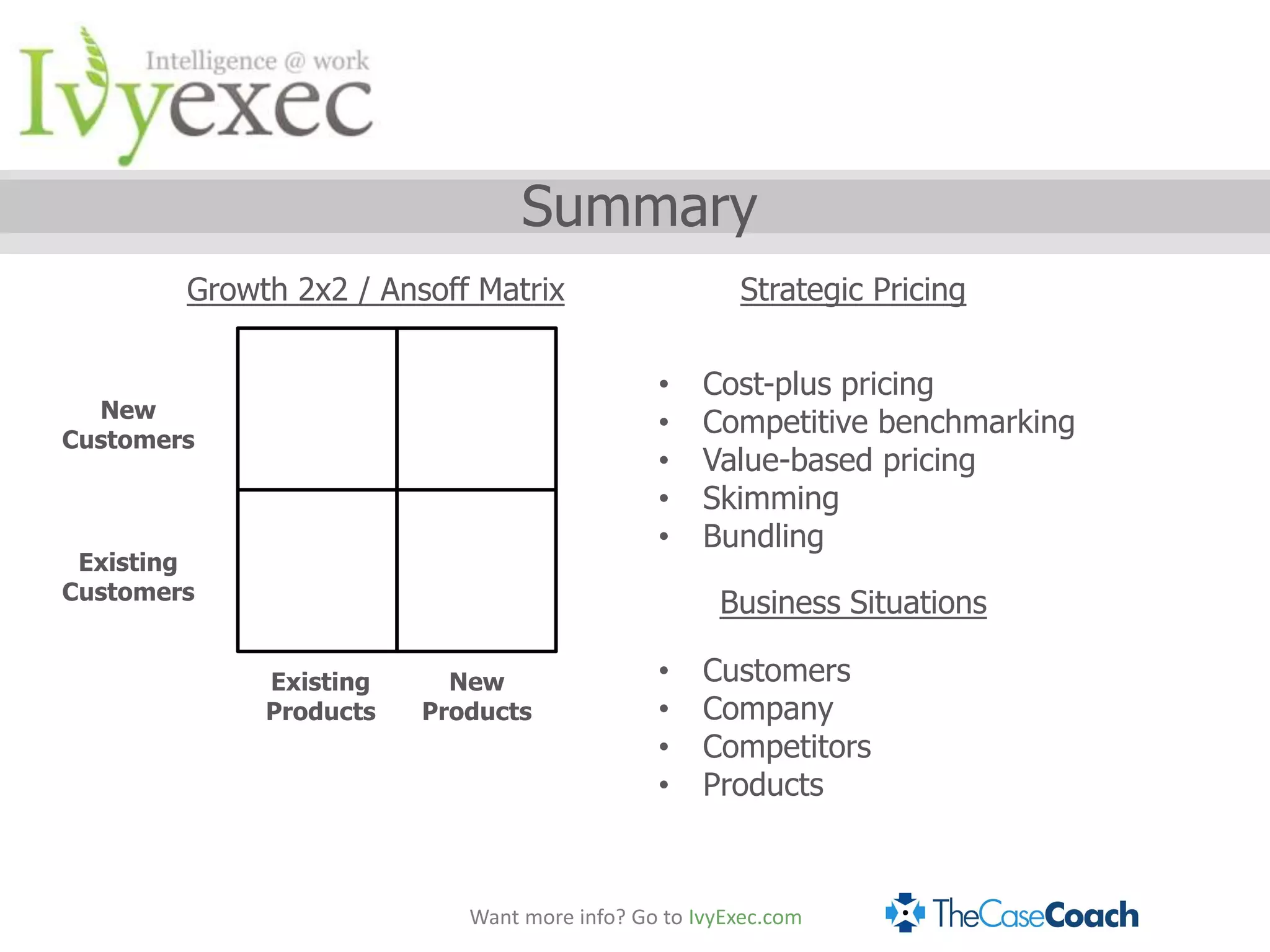 Summary
        Growth 2x2 / Ansoff Matrix                   Strategic Pricing

                                             •    Cost-plus pricing
  New
Customers
                                             •    Competitive benchmarking
                                             •    Value-based pricing
                                             •    Skimming
                                             •    Bundling
 Existing
Customers
                                                   Business Situations

             Existing     New                •    Customers
             Products   Products             •    Company
                                             •    Competitors
                                             •    Products



                           Want more info? Go to IvyExec.com
 